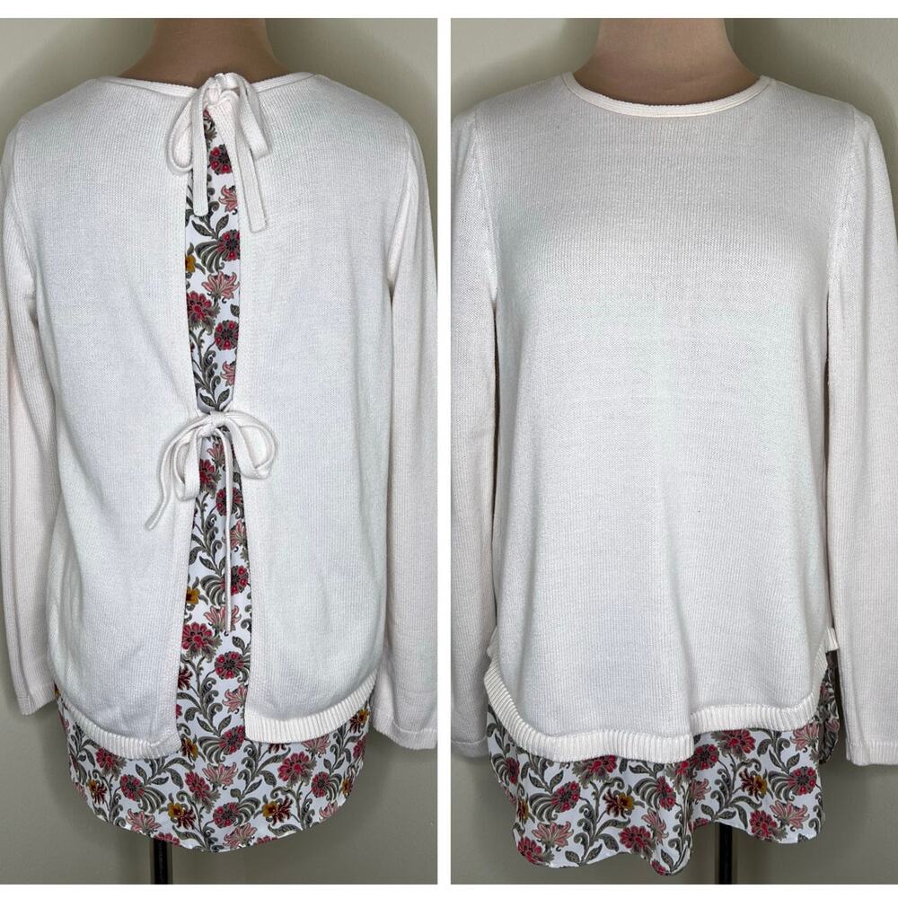 LOFT Sweater Medium Women Tie Back Mixed Media Floral Layered Long Sleeve Cotton